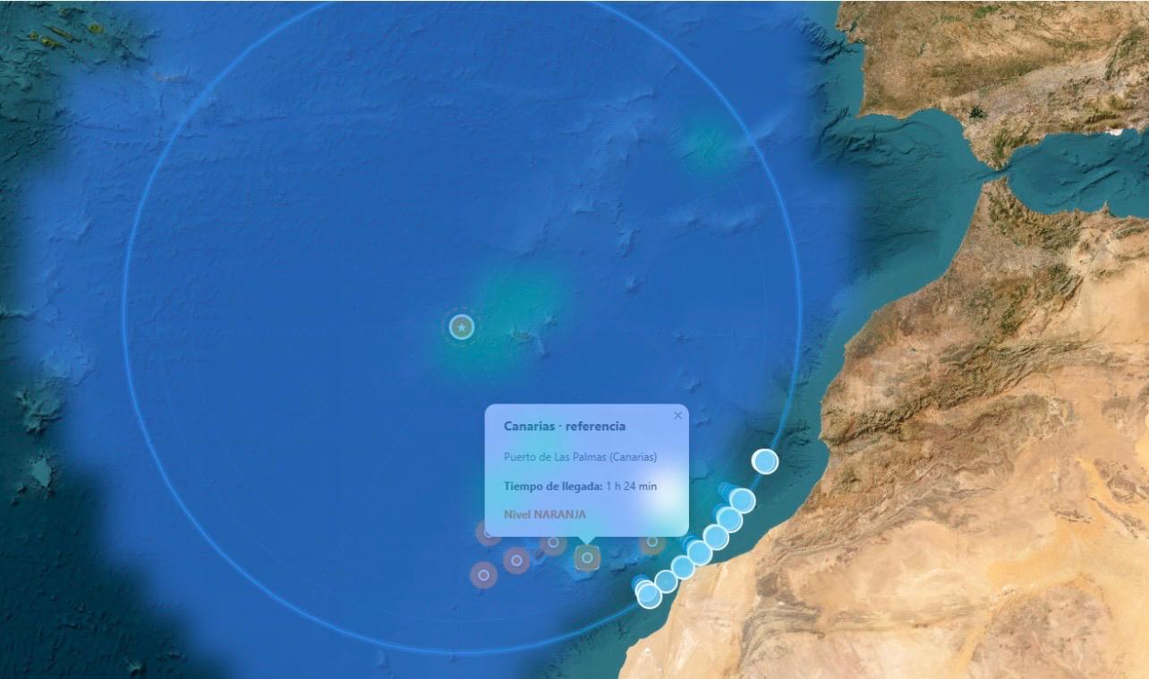 Mapa del Atlántico oriental con una simulación de propagación y una ficha de tiempo de llegada de referencia para Canarias.